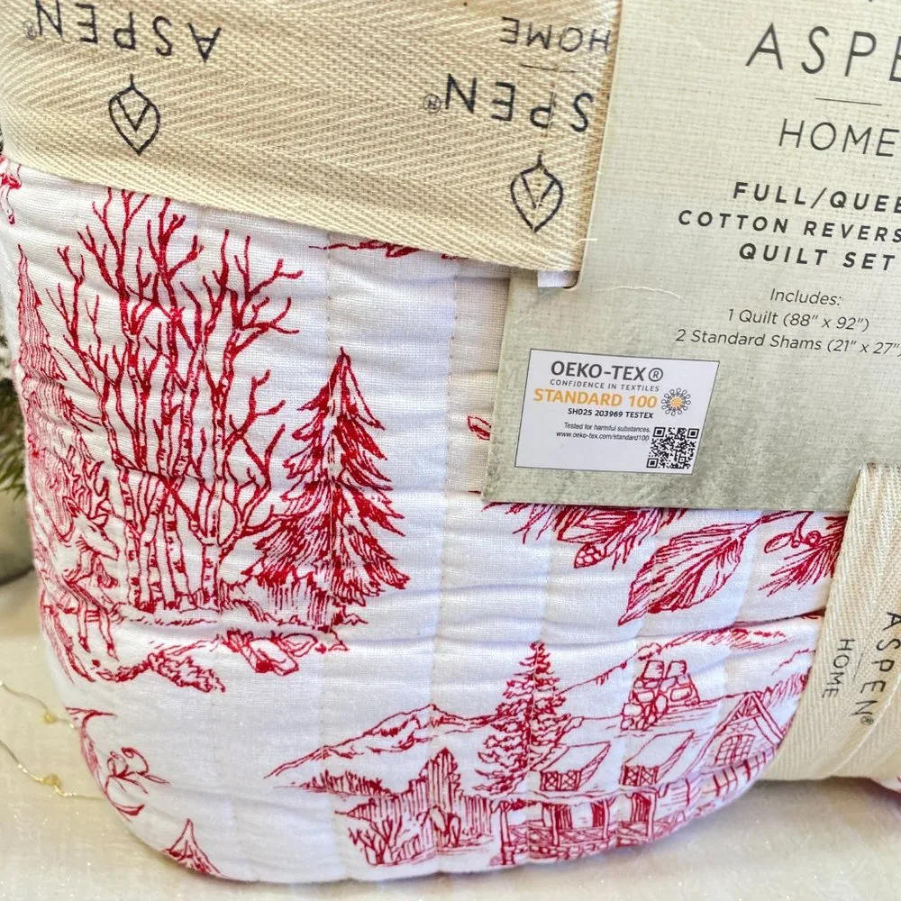 ASPEN Woodland Cabin Holiday Christmas Toile Queen Cotton Quilt & Shams 3pc Set